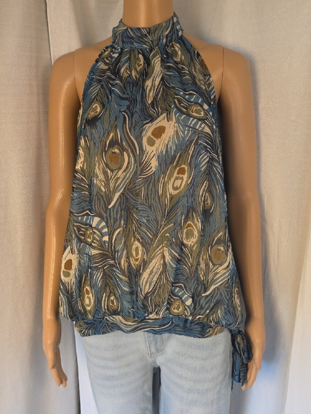 D.F.A. New York Sleeveless Halter Blouse Blue & Green Peacock Feather Size Small